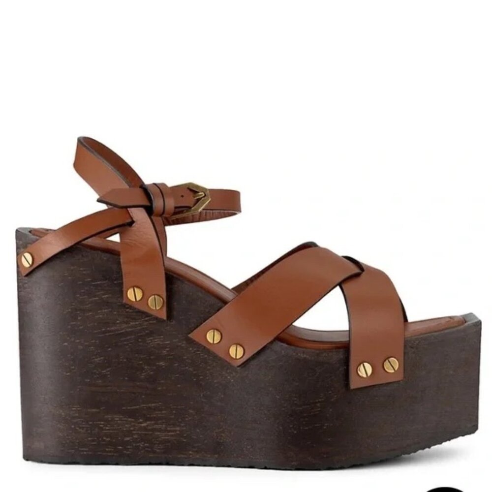 FRAME Denim Le Melrose Leather Wedge Sandals | Brown | 38